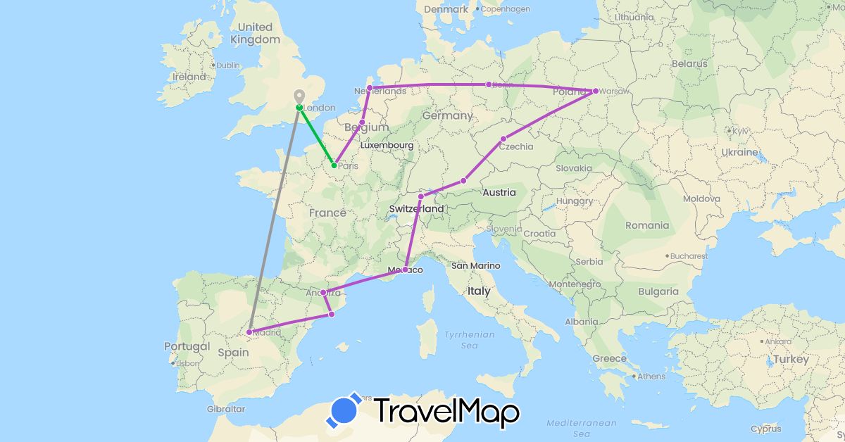 TravelMap itinerary: driving, bus, plane, train in Andorra, Belgium, Switzerland, Czech Republic, Germany, Spain, France, United Kingdom, Monaco, Netherlands, Poland (Europe)